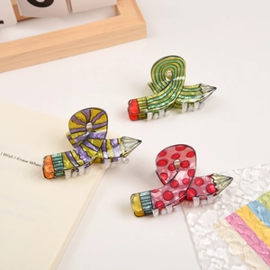 Creative pencil shaped acrylic shark hair clips in assorted colorful patterns and stripes