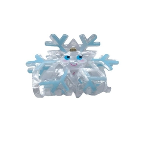 Pince à cheveux flocon de neige en acrylique avec visage souriant en bleu et blanc