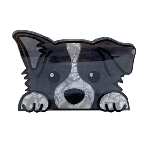 Cute cartoon border collie acrylic hair claw clip with pearlescent finish on white background