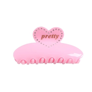 Pink heart-shaped hair claw clip with gold pretty text and sparkling rhinestones