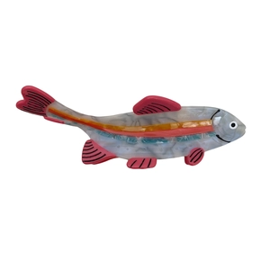 Vibrant fish-shaped acetate hair claw clip with colorful marble patterns on white background