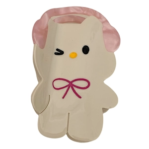 Cute off-white acetate cat hair claw clip with pink headphones and bow for women