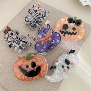 Halloween Acrylic Hair Claw Clip Quirky Pumpkin Ghost Witch Hat Skull Mummy Marble Pattern Shark Clip Women Party Hair Accessories