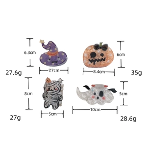 Detailed size specifications for Halloween pumpkin, ghost, and mummy acrylic hair claws