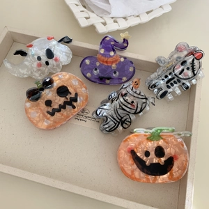 Set of 6 Halloween hair claws featuring pumpkin ghost and skull in acrylic finish
