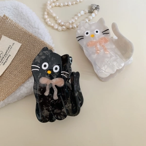 Cute Cat Shape Acetate Hair Claw Clip For Women Girls Marble Pattern Shark Clip With Pink Bow Sweet Hair Accessories
