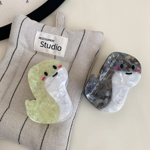 Cute cartoon snake hair claws made of marble-textured acetate in green and grey colors