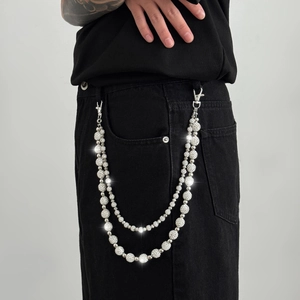 Close-up of double-layer silver hip-hop wallet chain with shiny iced-out crystal beads
