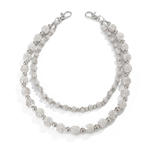 Double-layered silver beaded hip hop wallet chain with sparkling rhinestone and metal beads