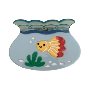 Creative fish tank hair claw clip in light blue acetate with goldfish and seaweed patterns