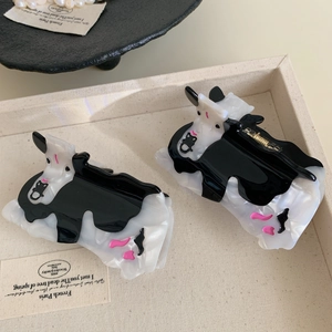 Pince à Cheveux Mignonne en Acétate de Cellulose Vache pour Femmes Doux Imprimé Animal Grande Pince Requin Coiffure Quotidienne Accessoires