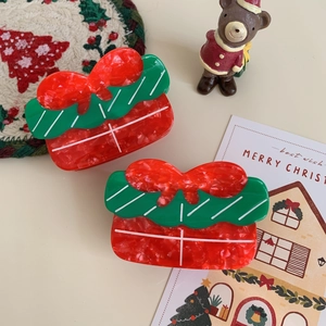 Christmas gift box hair claws set in festive red and green acetate with ice crack texture
