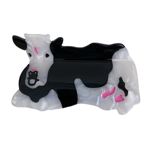 Pince à cheveux mignonne en forme de vache en acétate avec motif marbré noir et blanc