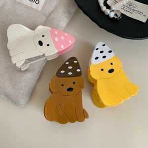 Pince à Cheveux en Acétate Chien Mignon Forme Labrador Dessin Animé Avec Chapeau à Pois Grande Pince pour Coiffure Femme