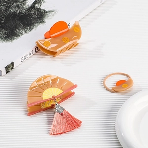Chinese vintage fan-shaped hair claw set with tassel and acetate scrunchie accessory