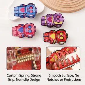 Cartoon robot hair claw clip set with strong metal spring and heart detail for women