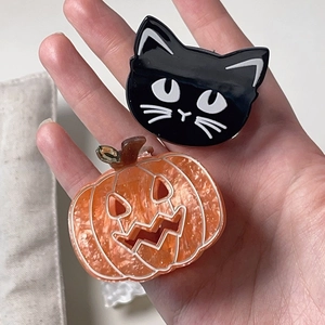 Halloween pumpkin and black cat hair clips set made of marble texture acetate for women