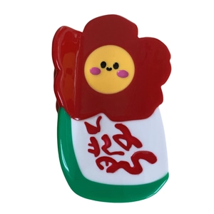 Pince à cheveux motif fleur dessin animé avec visage souriant en acrylique blanc rouge