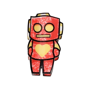 Cartoon robot hair claw clip in red with yellow heart detail and marble texture