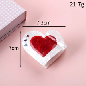 Acrylic heart claw clip in white with red heart and rhinestones, sized 7.3 x 7.0 cm