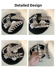 Detailed design of floral acrylic hair claw clip showing various angles and internal spring