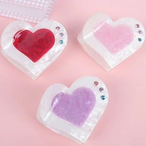 Sweet Heart-Shaped Acrylic Hair Claw With Rhinestone Embellishment Marbled Pattern Shark Clip For Women Hair Accessories