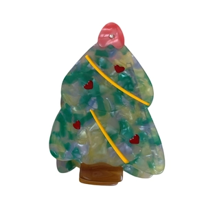 Christmas tree acetate hair claw clip with colorful marble pattern and rhinestones