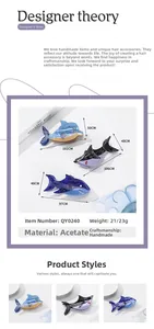 Detailed size and material specs for acetate dolphin shark hair clips in various colors
