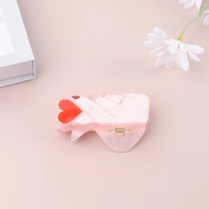 Pince à cheveux cœur rose en acrylique pour femme avec strass brillants et ressort doré