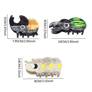 Detailed size specifications for insect-shaped acetate hair claws in various dimensions