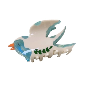 Pince à cheveux élégante en forme d'oiseau en acétate crème et bleu avec motif de feuilles