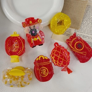 Festive New Year Acetate Hair Claw Clip God Of Wealth Fortune Bag Lantern Ingot Design Large Shark Clip For Women