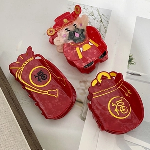 3-piece set of red acetate hair claws featuring God of Wealth and lucky bag designs
