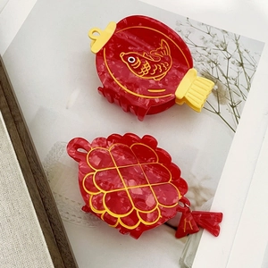 Chinese New Year festive red acetate hair claw clips with lucky patterns and tassels