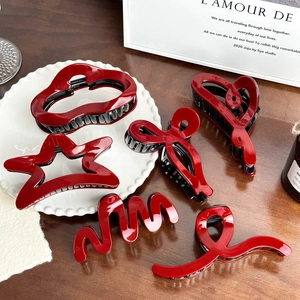 Women Fashion Red Acetate Hair Claw Clip High Gloss Large Shark Clip Bow Heart Star Wave Geometric Hair Accessory For Daily Party