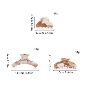 Size chart showing weight and dimensions for three acetate marble hair claw clips