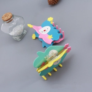 Funny clown patterned acetate hair claw clips in colorful pink, blue and yellow green