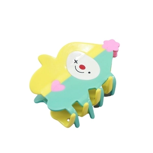 Funny clown hair claw clip in yellow and green acetate with pink flower for women
