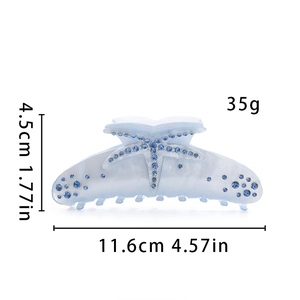 Blue marble acrylic starfish hair claw clip showing precise dimensions 11.6cm length