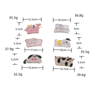 Size chart for 6 cute animal claw clips showing length, height and weight measurements