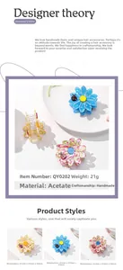 Detail view of acetate flower hair claw clips in blue, floral and amber patterns