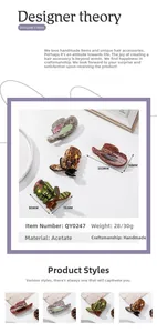 Detail of acetate hair claws in cowboy boot and hat shapes with size measurements