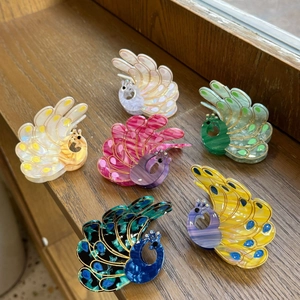 Elegant Peacock Shaped Acetate Hair Claw Clip Rhinestones Gold Edging Marble Pattern Fashion Hair Accessories For Women