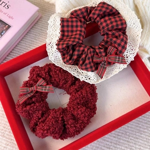 New Year red sherpa and plaid fabric scrunchie set with lace edges and bows