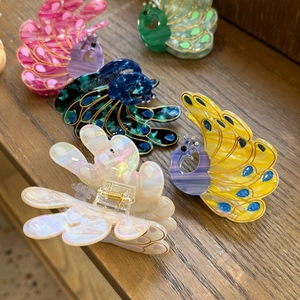 Elegant peacock acetate hair claws with rhinestones and marble texture in five colors