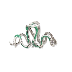 Silver wavy snake-shaped hair claw clip with green enamel accents on a white background