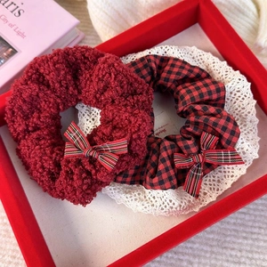 Women Red Plaid Bow Scrunchie Teddy Velvet Hair Tie Retro Sweet Lace Trim Ponytail Holder Elastic Hair Accessories