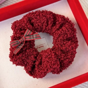 Burgundy teddy fleece scrunchie with striped bow for elegant winter hair styling
