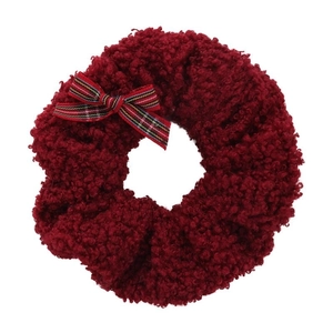 Red plush faux lamb wool scrunchie with a classic checkered plaid bow accessory