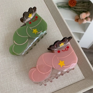 Cute caterpillar acetate hair claw clips with cowboy hats in pink and green colors